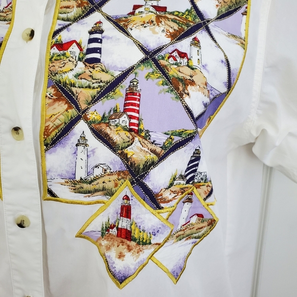 Quacker Factory Lighthouse Coast Button Down Cotton Shirt Womens 1X ~ Pre-Owned - Picture 4 of 12